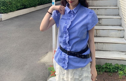 Short Sleeve Collared Ruffle Blouse