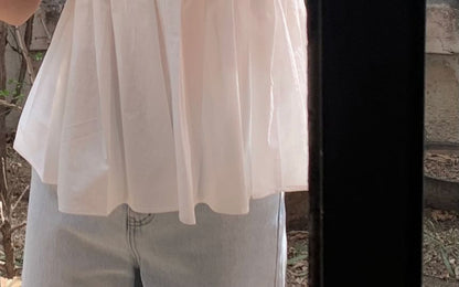 Puff Short Sleeve Scoop Neck Plain Pleated Blouse