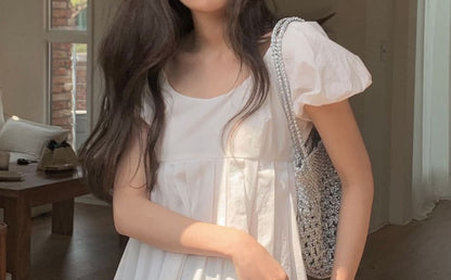 Puff Short Sleeve Scoop Neck Plain Pleated Blouse