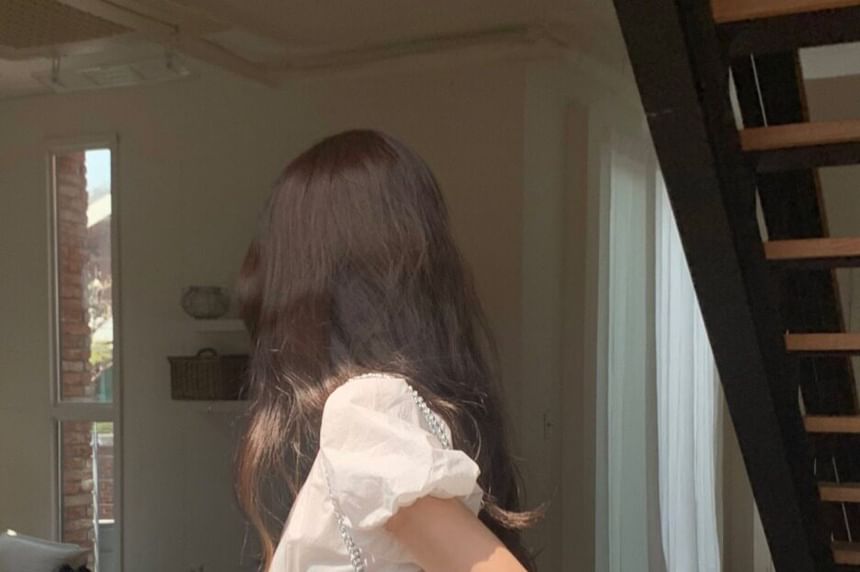 Puff Short Sleeve Scoop Neck Plain Pleated Blouse