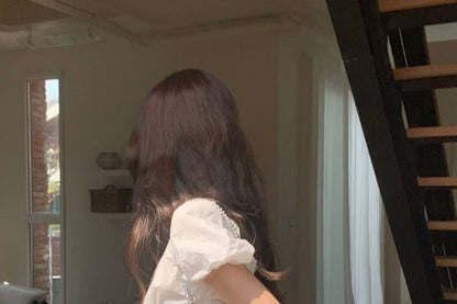 Puff Short Sleeve Scoop Neck Plain Pleated Blouse
