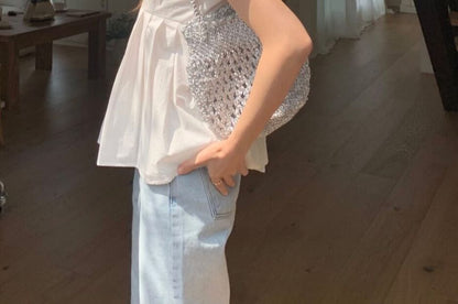 Puff Short Sleeve Scoop Neck Plain Pleated Blouse