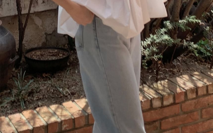 Puff Short Sleeve Scoop Neck Plain Pleated Blouse