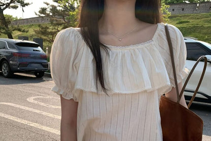 Puff Short Sleeve Square Neck Plain Ruffle Lace Trim Blouse