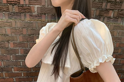 Puff Short Sleeve Square Neck Plain Ruffle Lace Trim Blouse