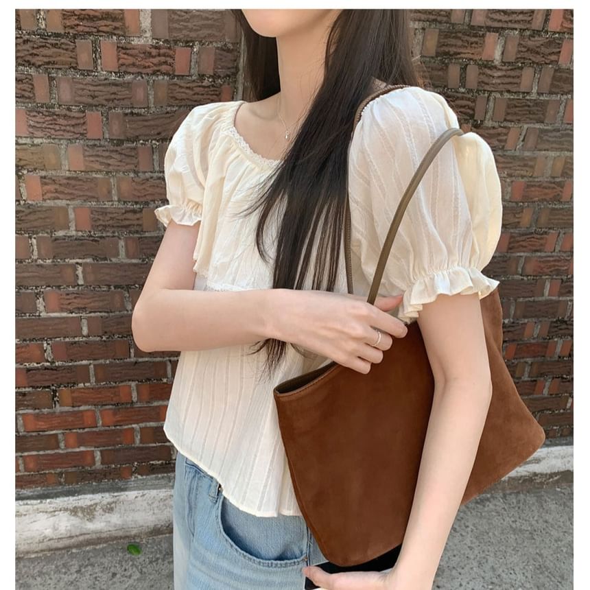 Puff Short Sleeve Square Neck Plain Ruffle Lace Trim Blouse