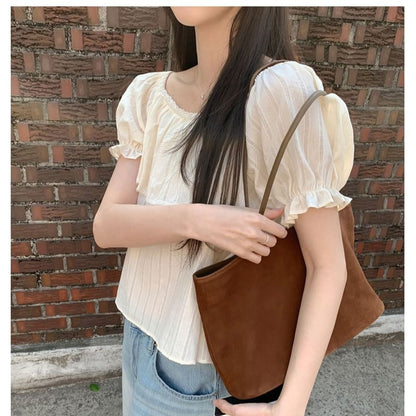 Puff Short Sleeve Square Neck Plain Ruffle Lace Trim Blouse