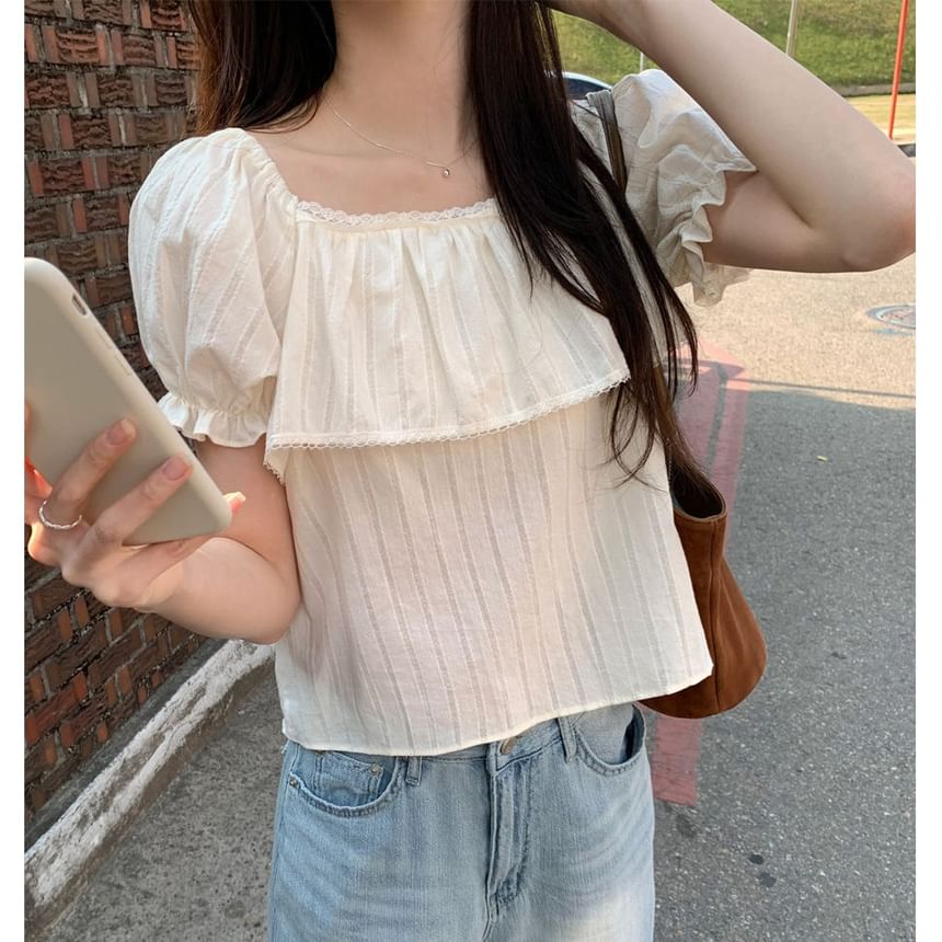 Puff Short Sleeve Square Neck Plain Ruffle Lace Trim Blouse