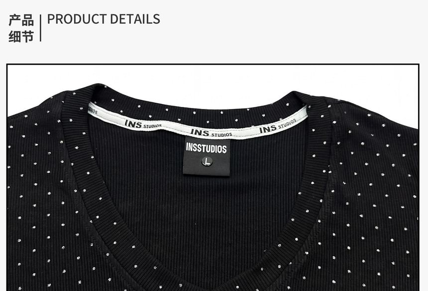 Rhinestone V-Neck Crop T-Shirt