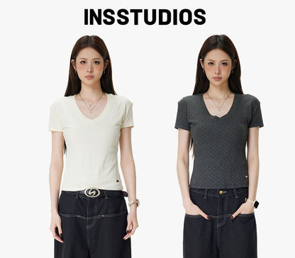 Rhinestone V-Neck Crop T-Shirt