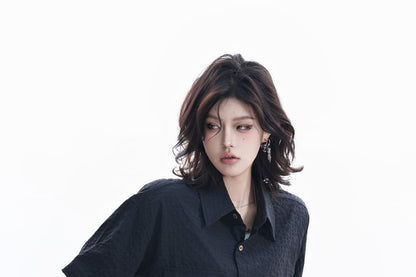 Short-Sleeve Collared Plain textured Button Up Shirt