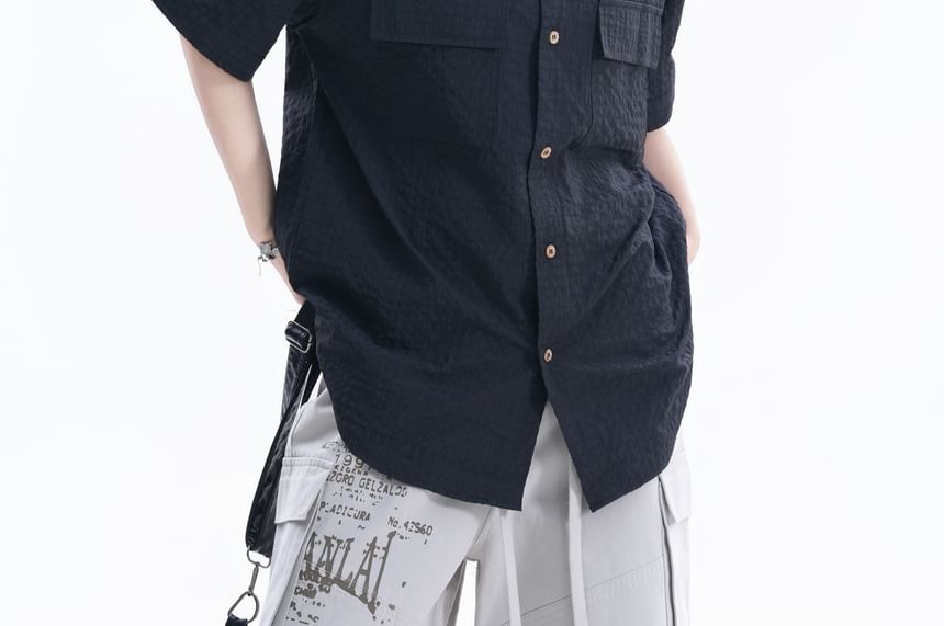 Short-Sleeve Collared Plain textured Button Up Shirt