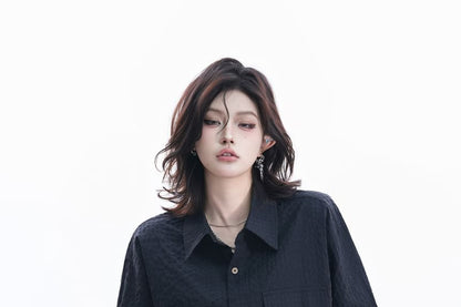 Short-Sleeve Collared Plain textured Button Up Shirt