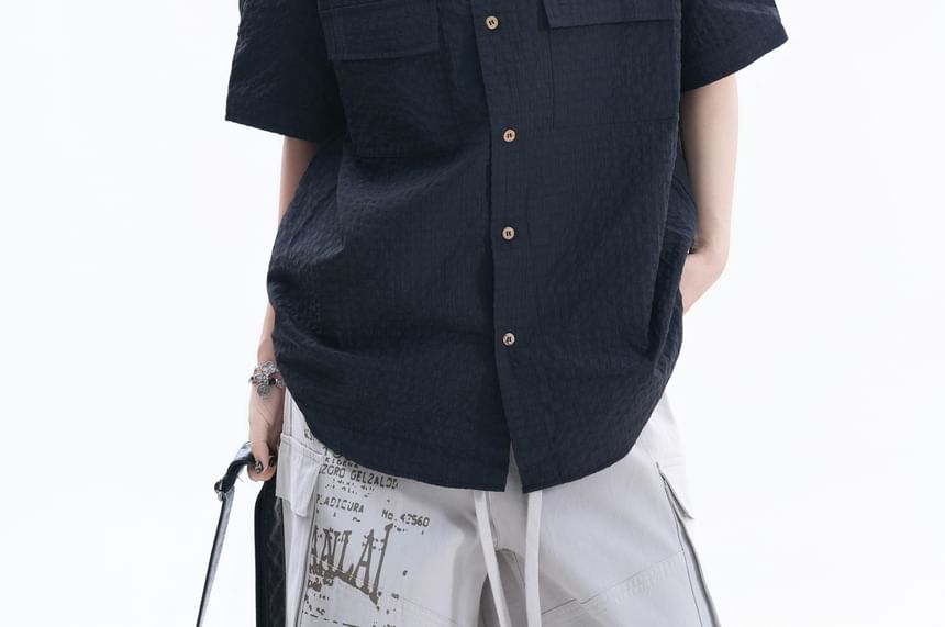 Short-Sleeve Collared Plain textured Button Up Shirt