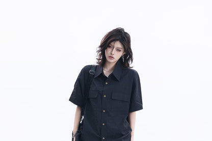Short-Sleeve Collared Plain textured Button Up Shirt