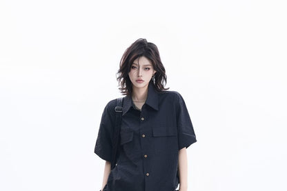 Short-Sleeve Collared Plain textured Button Up Shirt