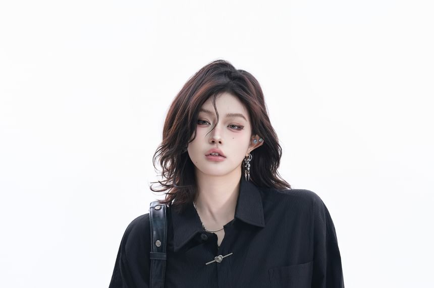 Elbow-Sleeve Collared Plain Button Up Shirt