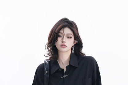 Elbow-Sleeve Collared Plain Button Up Shirt