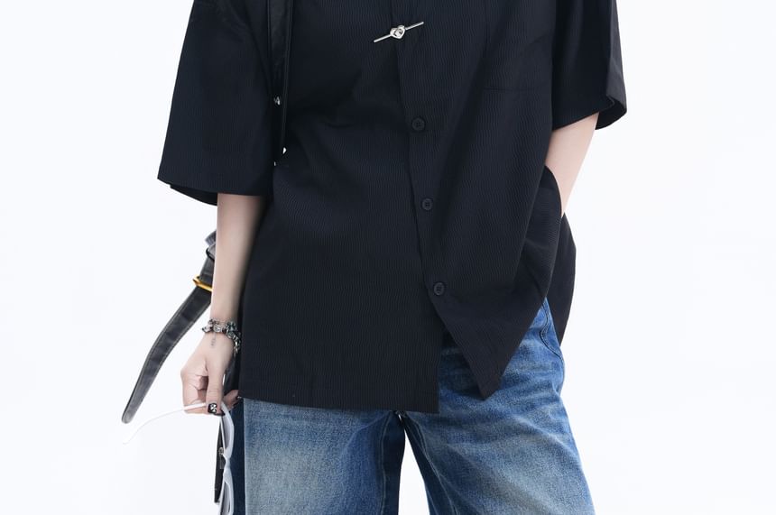 Elbow-Sleeve Collared Plain Button Up Shirt