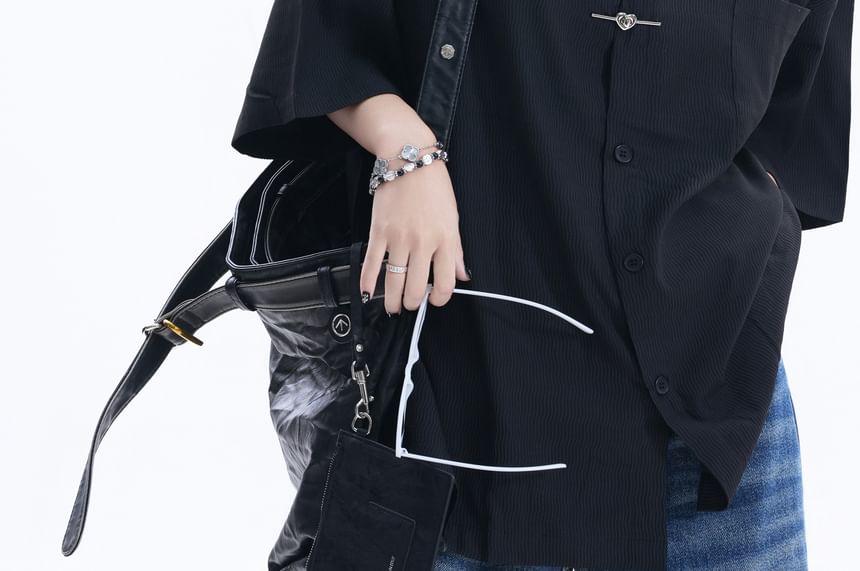 Elbow-Sleeve Collared Plain Button Up Shirt