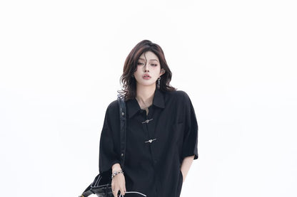 Elbow-Sleeve Collared Plain Button Up Shirt