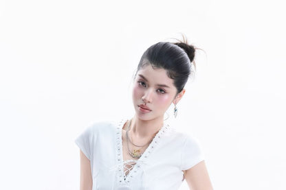Cap-Sleeve V-Neck Plain Lace Up Crop T-Shirt