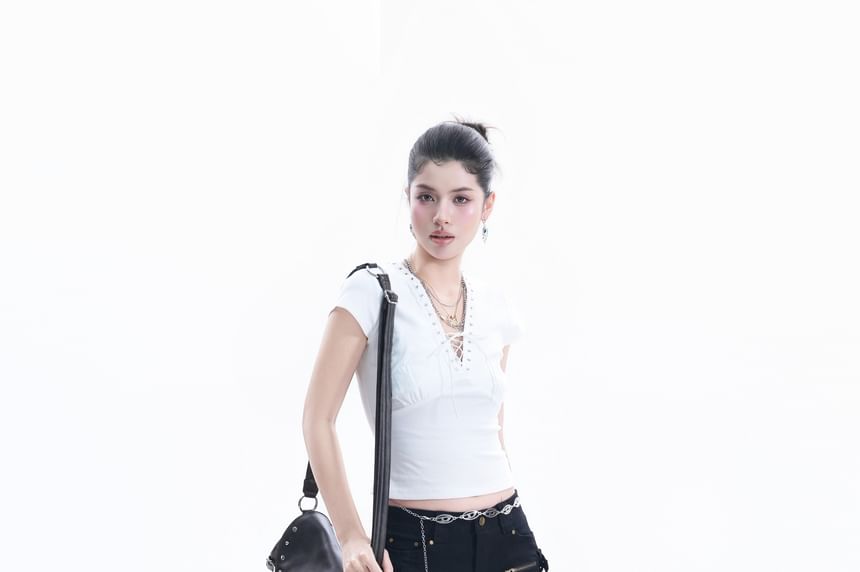 Cap-Sleeve V-Neck Plain Lace Up Crop T-Shirt