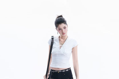 Cap-Sleeve V-Neck Plain Lace Up Crop T-Shirt