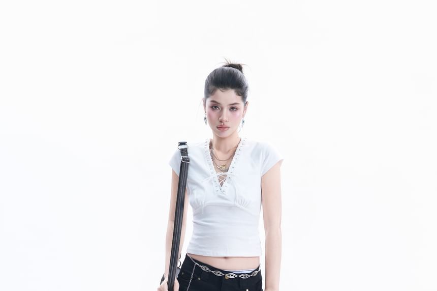 Cap-Sleeve V-Neck Plain Lace Up Crop T-Shirt