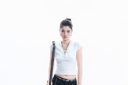 Cap-Sleeve V-Neck Plain Lace Up Crop T-Shirt