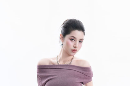 Short-Sleeve Off Shoulder Plain Ruched T-Shirt