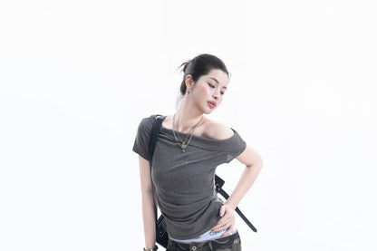 Short-Sleeve Off Shoulder Plain Ruched T-Shirt