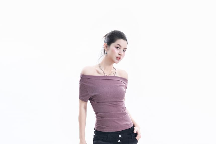 Short-Sleeve Off Shoulder Plain Ruched T-Shirt