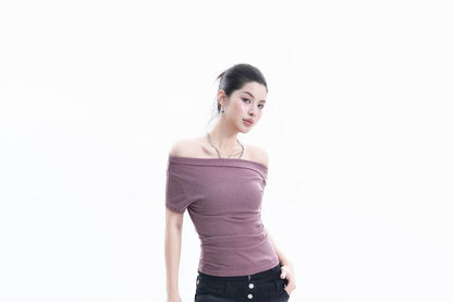 Short-Sleeve Off Shoulder Plain Ruched T-Shirt