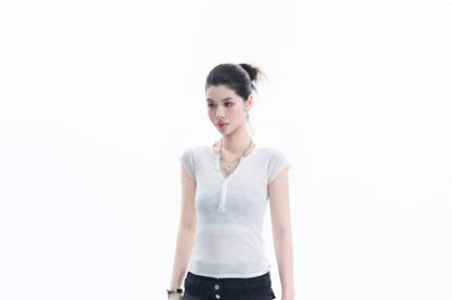 Short-Sleeve Henley Neck Plain Crop T-Shirt