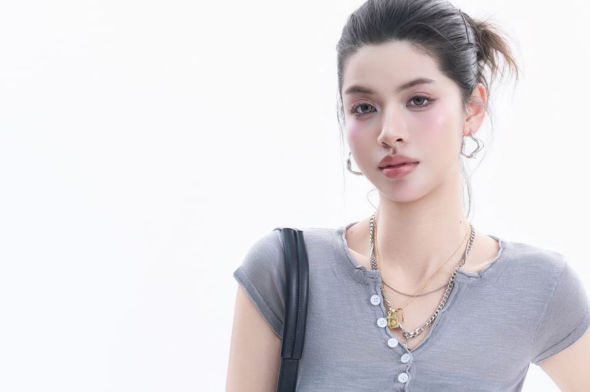 Short-Sleeve Henley Neck Plain Crop T-Shirt