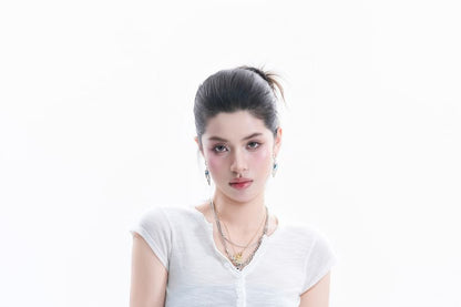 Short-Sleeve Henley Neck Plain Crop T-Shirt