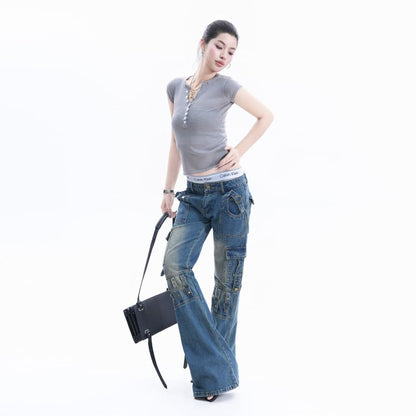 Short-Sleeve Henley Neck Plain Crop T-Shirt