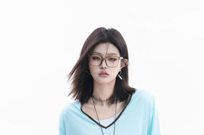 Long-Sleeve V-Neck Contrast Trim T-Shirt
