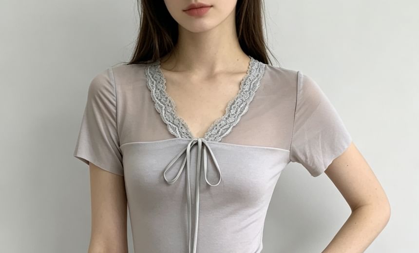 Short Sleeve V-Neck Lace-Trim Tie-Front Sheer Panel Slim-Fit Top