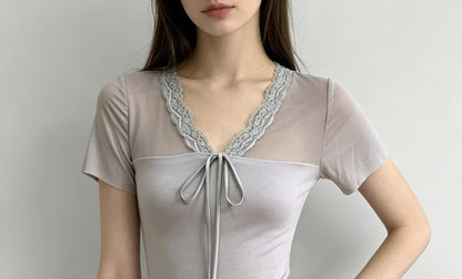 Short Sleeve V-Neck Lace-Trim Tie-Front Sheer Panel Slim-Fit Top