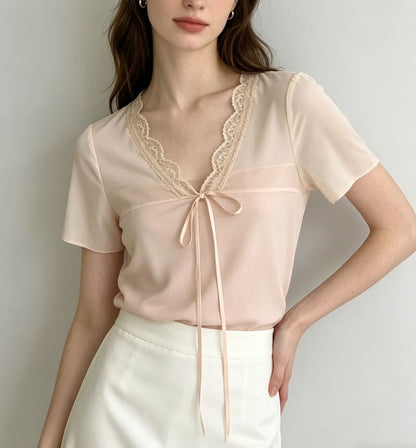 Short Sleeve V-Neck Lace-Trim Tie-Front Sheer Panel Slim-Fit Top