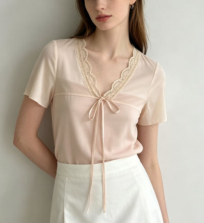 Short Sleeve V-Neck Lace-Trim Tie-Front Sheer Panel Slim-Fit Top