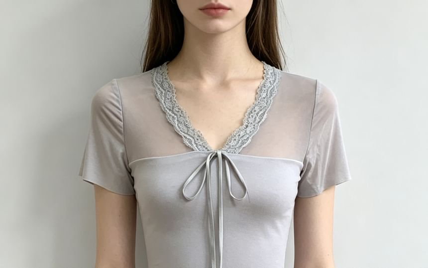 Short Sleeve V-Neck Lace-Trim Tie-Front Sheer Panel Slim-Fit Top