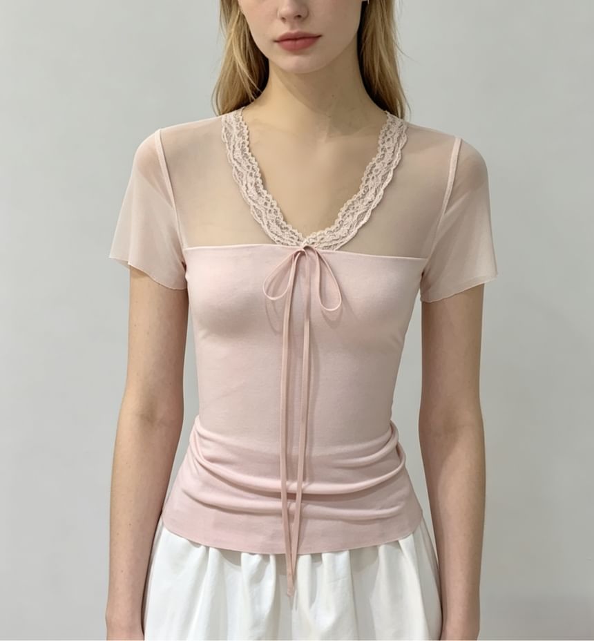 Short Sleeve V-Neck Lace-Trim Tie-Front Sheer Panel Slim-Fit Top