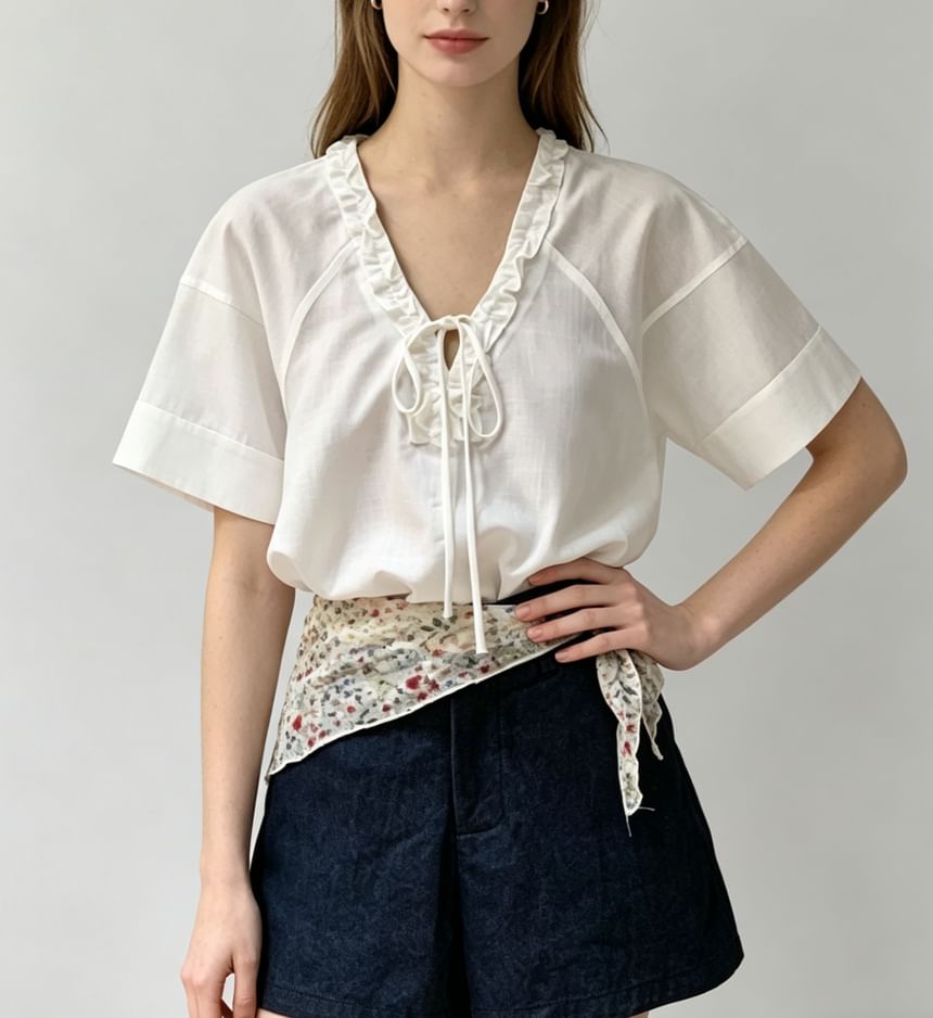 Short Sleeve V-Neck Tie Neck Ruffled-Trim Loose-Fit Blouse