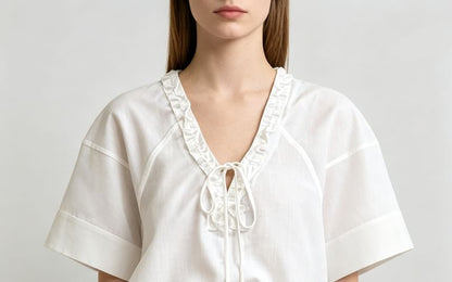Short Sleeve V-Neck Tie Neck Ruffled-Trim Loose-Fit Blouse