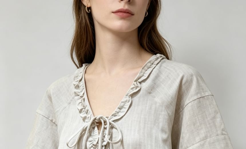 Short Sleeve V-Neck Tie Neck Ruffled-Trim Loose-Fit Blouse