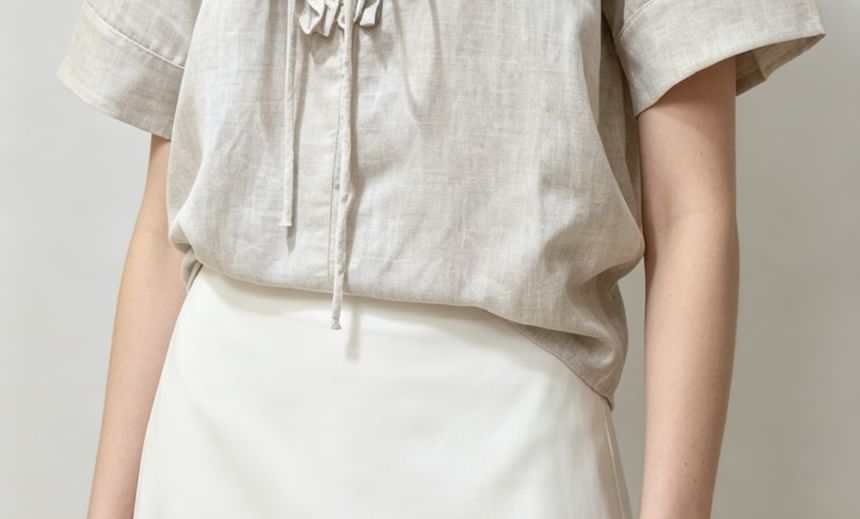 Short Sleeve V-Neck Tie Neck Ruffled-Trim Loose-Fit Blouse
