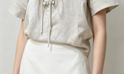 Short Sleeve V-Neck Tie Neck Ruffled-Trim Loose-Fit Blouse